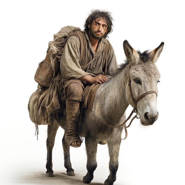 Photo a man riding a donkey with a bag on his shoulder
