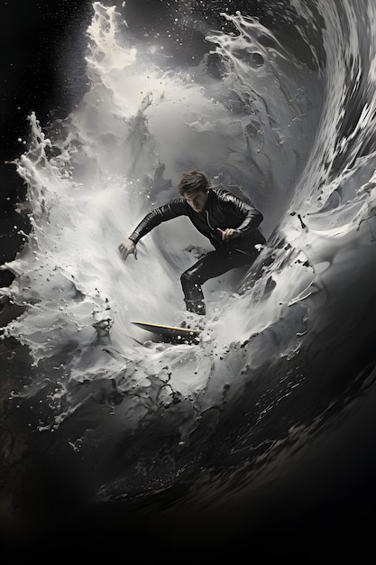 a man riding his surfboard in waves in the style of black and white abstraction