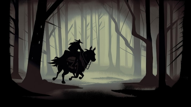 A man riding a horse in a dark forest with a hat on.