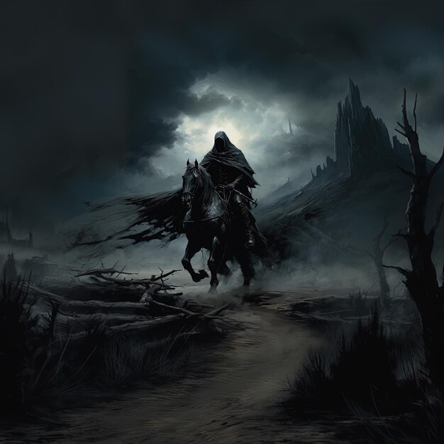 a man riding a horse in a dark landscape