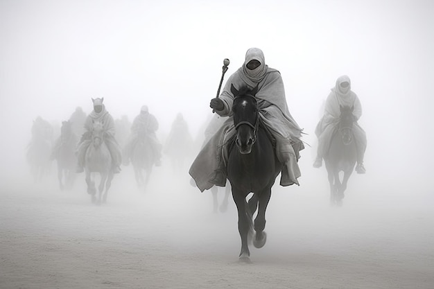 A man riding a horse in the fog