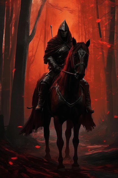 A man riding a horse in a forest with a red background.