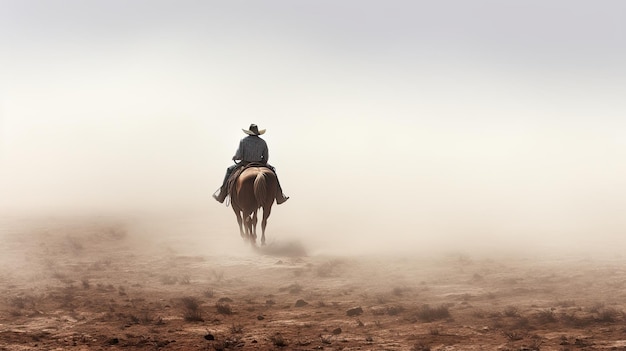 Photo a man riding a horse wearing a cowboy hat in the dust of the prairie