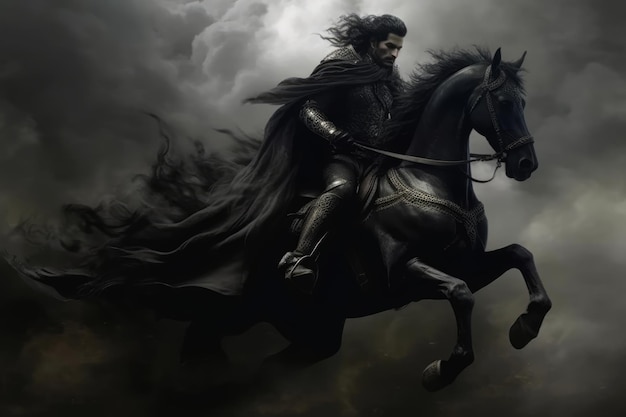 A man riding a horse with a long black cloak on it.