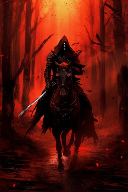 A man riding a horse with a sword on his head.