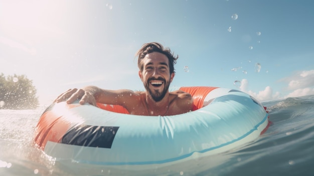 Man Riding on Inflatable Tube in Water