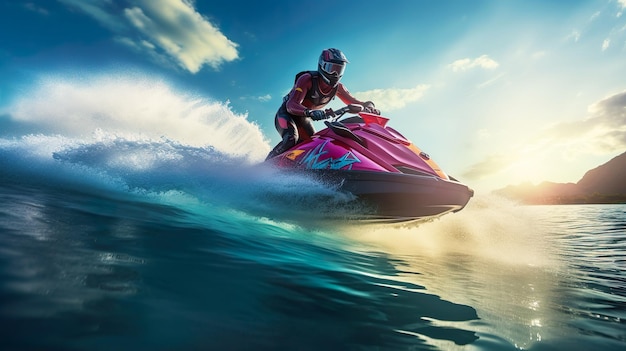 Photo man riding jetski sunset colors generative ai