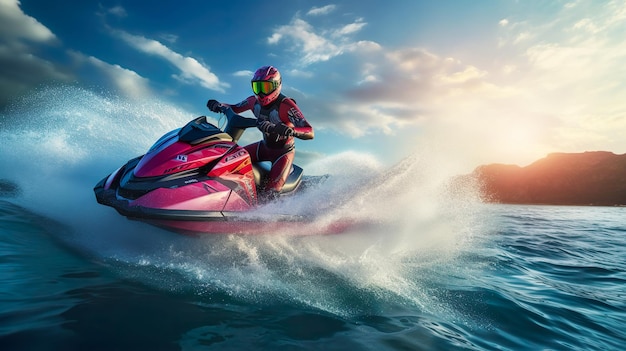 Man riding jetski Sunset colors Generative AI