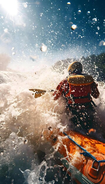 Foto un uomo che cavalca un kayak sopra un corpo d'acqua