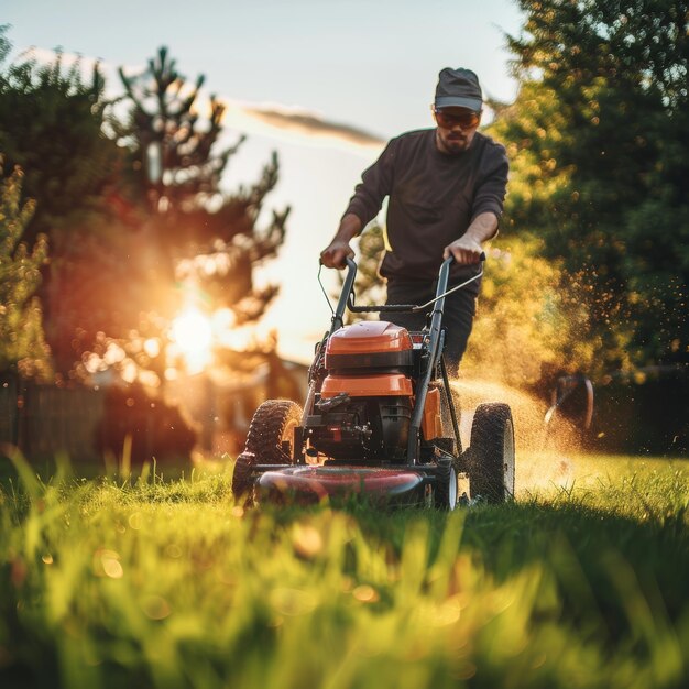 a man riding a lawnmower in the grass