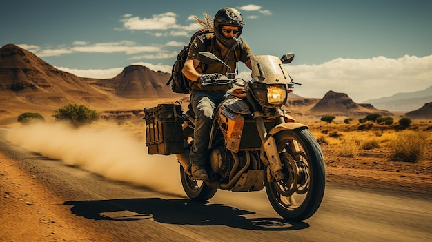 Man riding a motorbike on a road in the desert xA