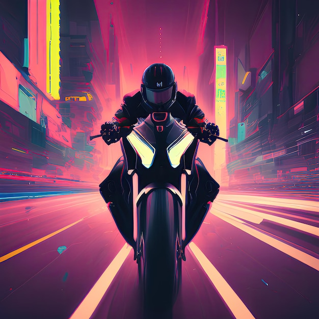A man riding a motorcycle on a city street with a neon sign that says'speed racer '