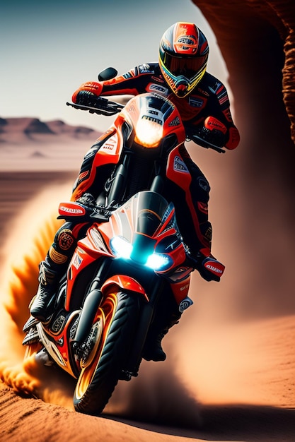 A man riding a motorcycle in the desert with the word moto on the front.