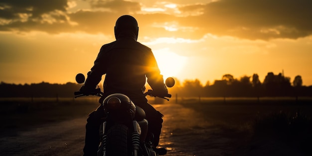 Man riding a motorcycle on a dirt road at sunset A person riding a motorcycle on a dirt road