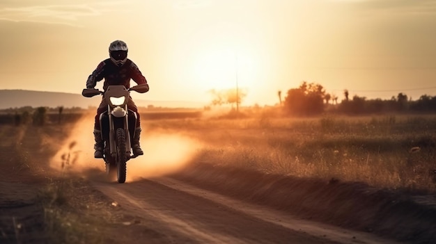 Foto un uomo in sella a una motocicletta su una strada sterrata con il sole che tramonta dietro di lui.