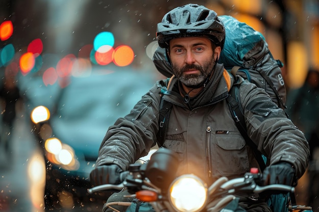 Photo man riding motorcycle down city street