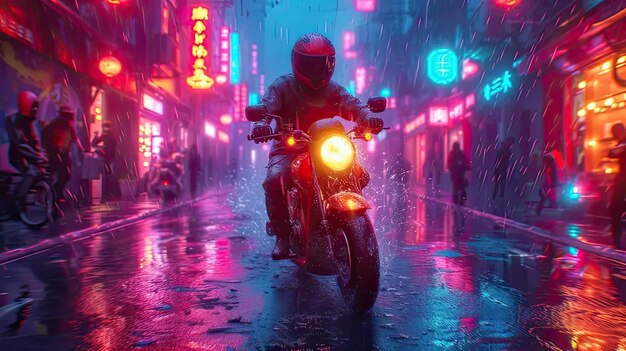 비가 은 거리를 따라 오토바이를 타고 있는 남자