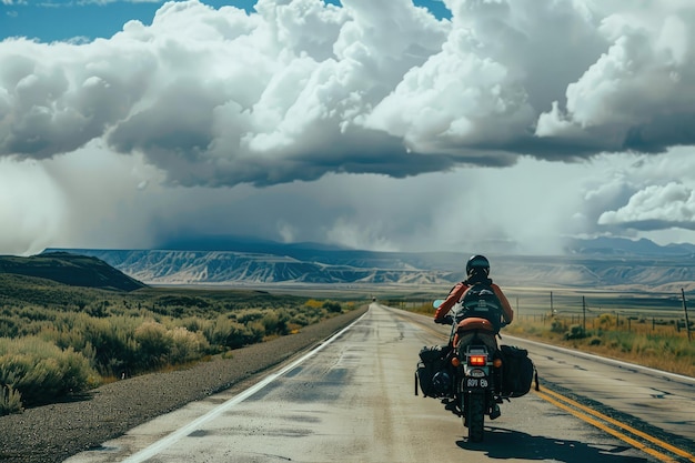 Photo a man riding a motorcycle down a road under a cloudy sky