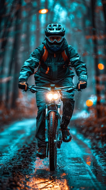 Foto uomo in moto su una strada bagnata