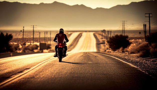 A man riding a motorcycle on a highway with mountains in the background.