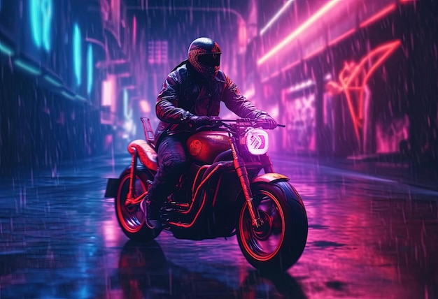 リアルなテクスチャのスタイルでネオンライトで夜にオートバイに乗っている男