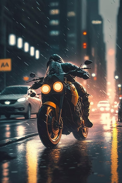 雨の中バイクに乗る男性