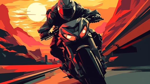 A man riding a motorcycle on a road with the sun behind him.