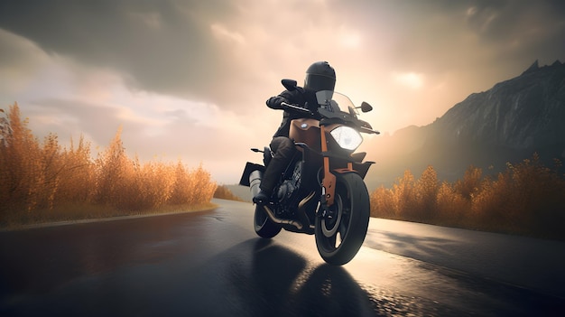 A man riding a motorcycle on a road with the sun shining on the top.