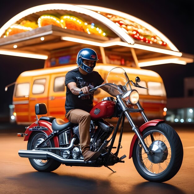 A man riding a motorcycle and a taco van in the background