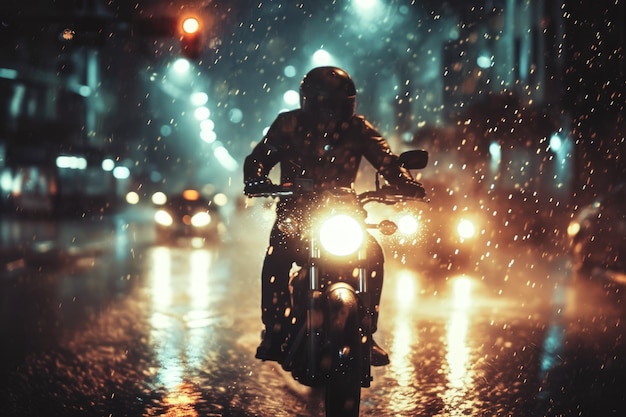 Foto uomo che guida una motocicletta attraverso una città di notte durante un temporale