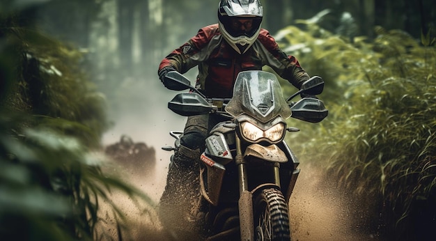 A man riding a motorcycle through a forest