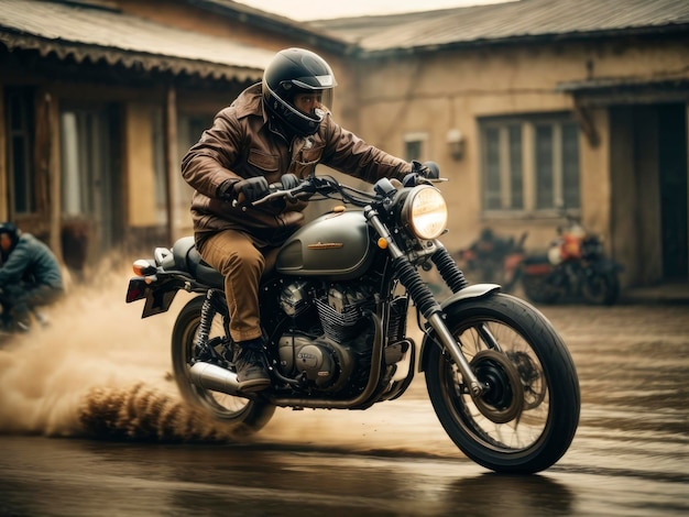 a man riding a motorcycle on a wet street with people in the background