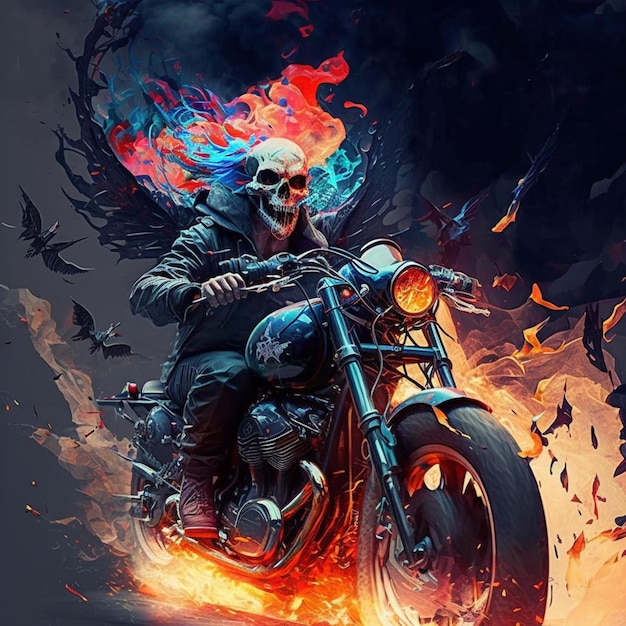 A man riding a motorcycle with a fire on his head.