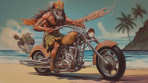 A man riding a motorcycle with a large head on the back.