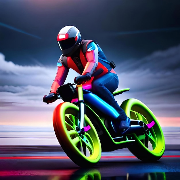 A man riding a motorcycle with a neon green neon light.