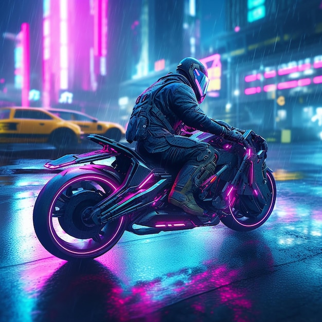 A man riding a motorcycle with a neon sign that says