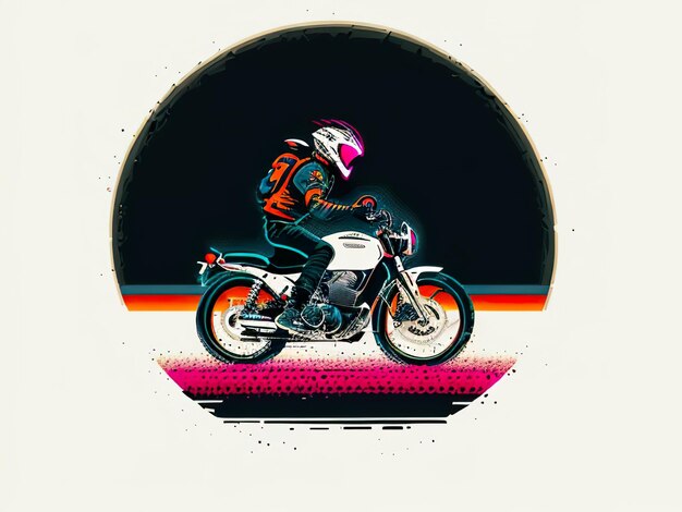 A man riding a motorcycle with a pink circle behind him.