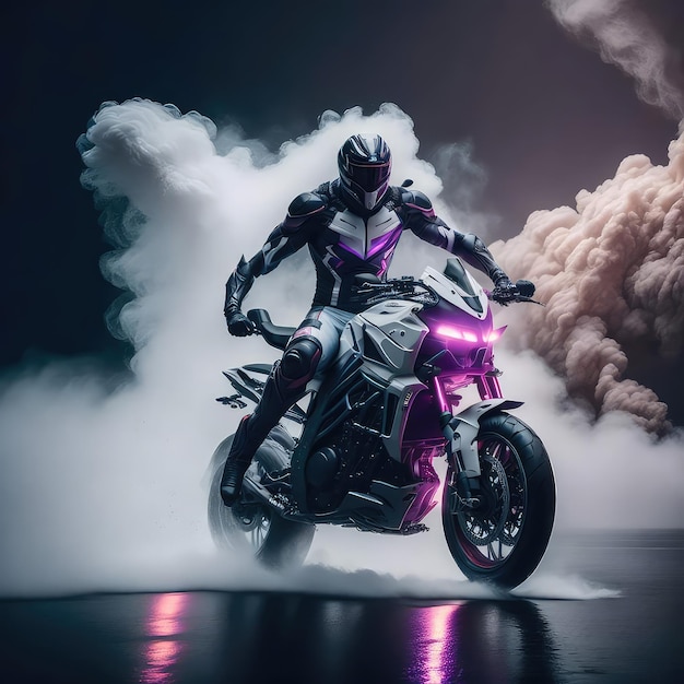 A man riding a motorcycle with a purple light on the front.