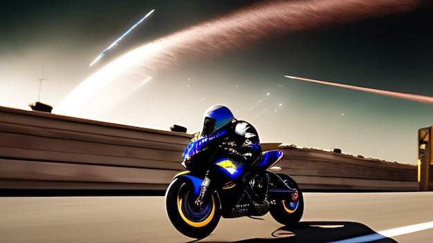 A man riding a motorcycle with a rocket in the background