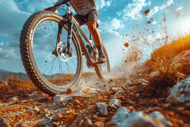 Photo man riding mountain bike on rocky trail generative ai