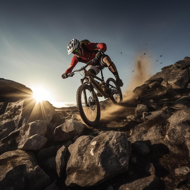 a man riding a mountain bike on a rocky trail