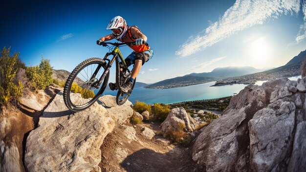 Man Riding Mountain Bike on Top of Rock