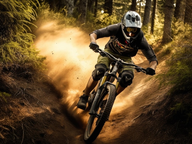 A man riding a mountain bike in the woods with the word mtb on the front