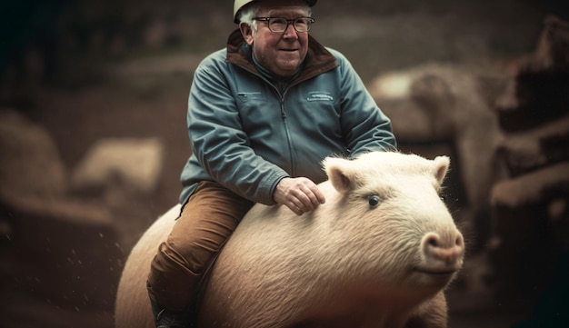 A man riding a pig with a green hat on.