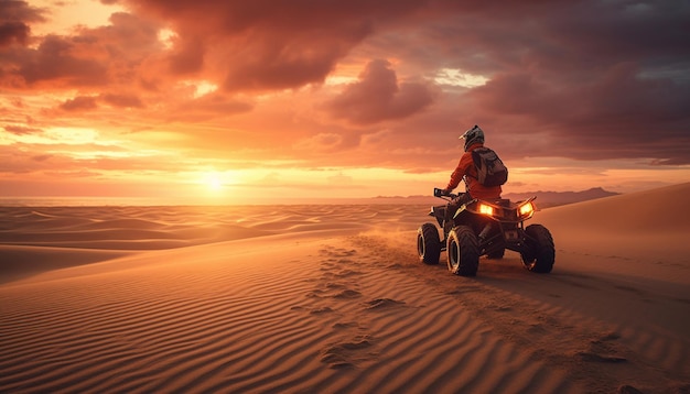 Photo a man riding a quad bike in the desert at sunset