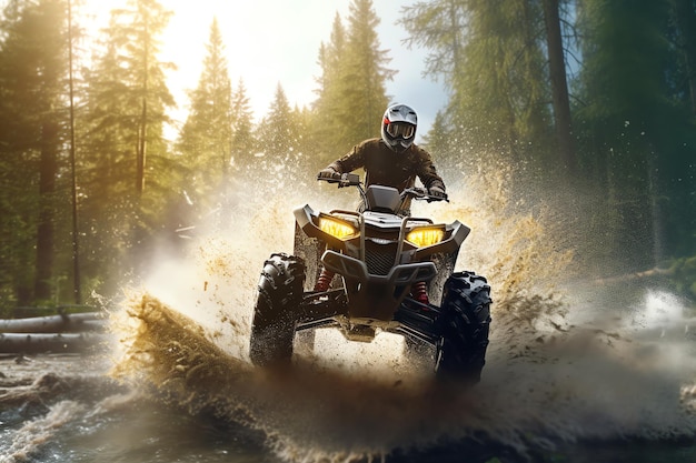 A man riding a quad bike through a forest with the words polaris off - road on it.