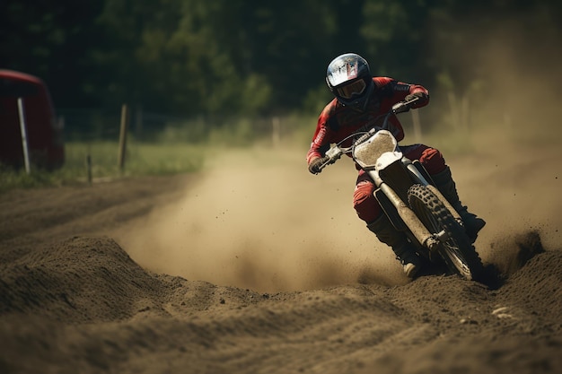 Man riding racing bike on dirt track created using generative ai technology