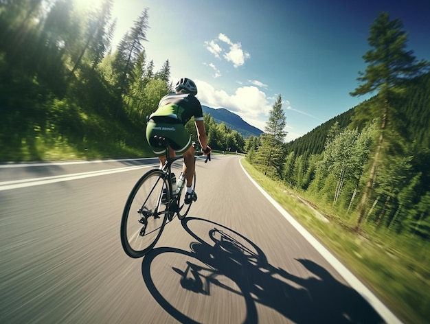 Photo a man riding road bike mountain background ai photography