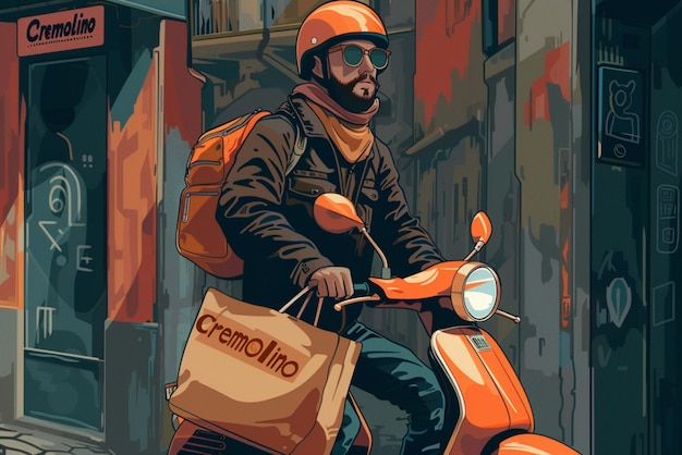 A man riding a scooter with a bag on his back an illustration of a delivery man with the text