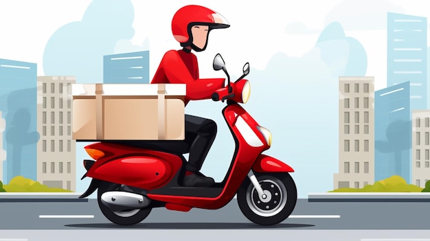 a man riding a scooter with a box on the back of it